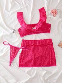 PetitDoll 3pcs Sweet & Cute Off Shoulder Lace Patchwork Ruffled Trim Sheer Sexy Lingerie Set For Women - Hot Pink - View 6