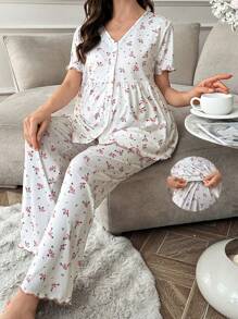 Maternity Ditsy Floral Ruffled V-Neck Short Sleeve Top & Pants Pajama Set