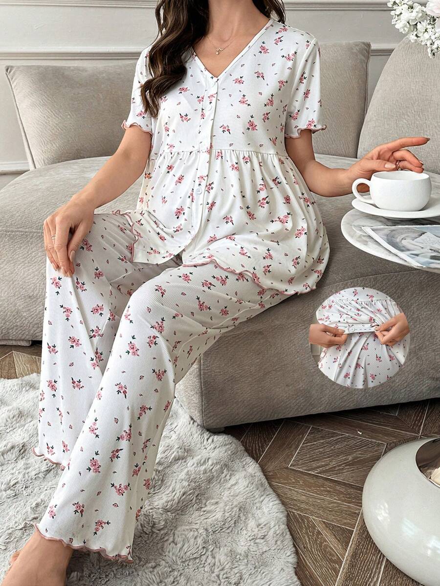 Maternity Ditsy Floral Ruffled V-Neck Short Sleeve Top & Pants Pajama Set