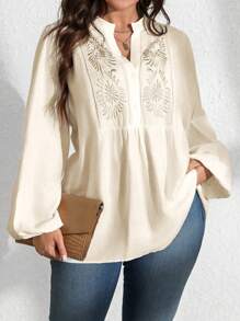 Vionelle Áo cánh tay dài cổ đứng thêu phía trước cỡ lớn mùa xuân và mùa thu màu trơn tay dài tay peplum - Màu be - Xem 2