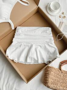Comfortcana Minifalda a línea A con textura perforada y fruncido en color blanco - Blanco - Ver 5