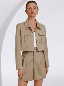 Aveloria Modichic 2 Pieces Set: College Style Long Sleeve Utility Jacket With Button Lapel Collar And Shorts For Women Fall Cloth For Women - Khaki - View 3