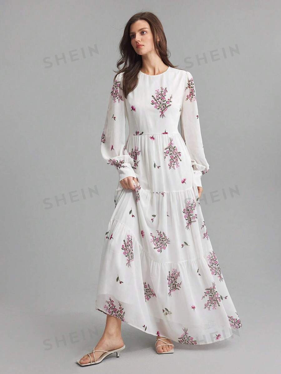 Ontre Vestido elegante de gasa rosa con estampado floral y mangas de farol románticas