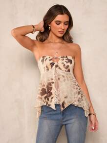 SHEIN BAE 女士不对称下摆豹纹吊带背心，适合海滩派对、度假、春假音乐节、西部公路旅行、夜店装扮、春夏穿着 - 杏色 - 查看 5