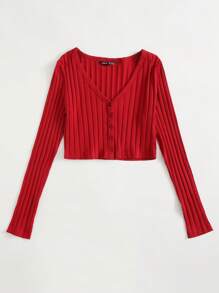 SHEIN EZwear V Neck Button Front Ribbed Top