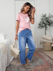 SHEIN LUNE High Waisted Loose Distressed Asymmetrical Patchwork Design Women's Boyfriend Jeans - Blue - View 6