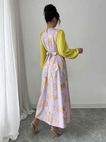 Elenzga Women's Elegant Spring Long Dress With Sleeves, Modest Two-Tone Design, And Metallic Floral Print - Yellow - View 2