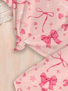 SHEIN Pijama minimalista informal de manga corta y pantalón para niñas preadolescentes, con moño rosa dulce y estampado en inglés, de ajuste ceñido, para primavera y verano