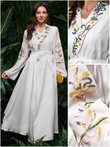 Al Najma Women's Elegant Embroidered & Beaded Long Bell Sleeve Coat With Camisole Dress Arabic Clothing Set, Spring/Summer - White - View 2