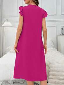 Color Block Lace Patchwork V-Neck Ruffle Sleeve Single-Breasted Chiffon Long Nightgown Babydoll Holiday Season, Moo Moo - Hot Pink - View 2