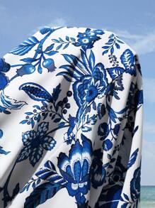 SHEIN Maternity Boho Floral Print Belted Wide Leg Pants - Blue and White - View 5