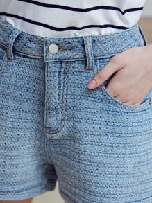 MOTF STUDIO Pantalones cortos vaqueros con bolsillo en ángulo y botones - Azul - Ver 2