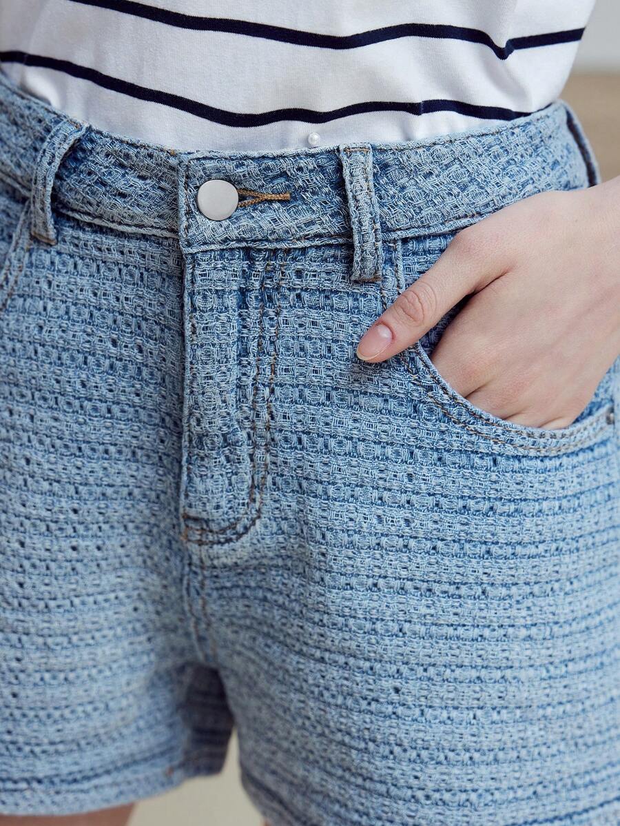 MOTF STUDIO Pantalones cortos vaqueros con bolsillo en ángulo y botones - Azul - Ver 2