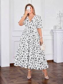SHEIN Clasi Elegante vestido largo de estilo maxi con cuello en V y estampado floral para mujeres de talla grande