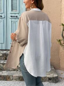 Calvaya Plus Size Women Spring/Summer Contrast Texture Front Opening Button 3/4 Sleeve Long Shirt - Khaki - View 2
