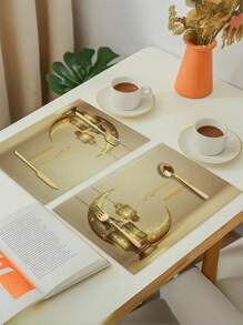 1/4/6/8 stuks Suige Home Elegante Ramadan Placemats Set - Gouden Halve Maan & Lantaarn Ontwerp, Machine Wasbare Rechthoekige Tafelmatten Voor Feestelijke Eetkamerdecoratie, Ramadan Decoratie