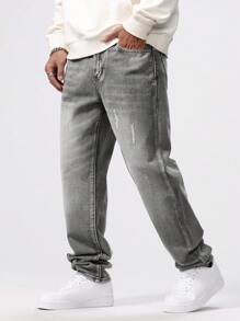 Manfinity Homme Casual Men's Simple Distressed Pocket Denim Jeans - Light Grey - View 1