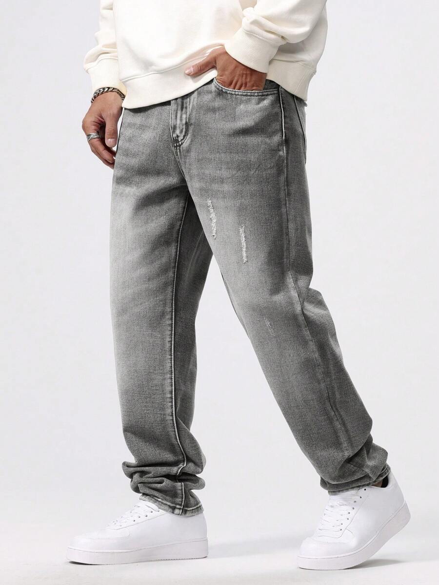 Manfinity Homme Casual Men's Simple Distressed Pocket Denim Jeans - Light Grey - View 1
