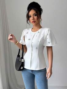 Elenzga Standard Size Women Solid Color Round Neck Rhinestone Decor Fitted Short Sleeve Blouse - White - View 4