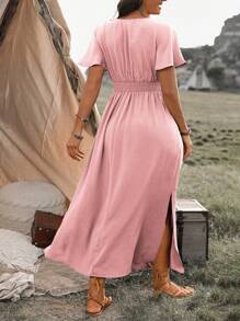 EMERY ROSE Plus Size Women's Waist Wrap & Ruffle Sleeved Dress, For Christmas Maxi Women Outfit - Pink - View 2