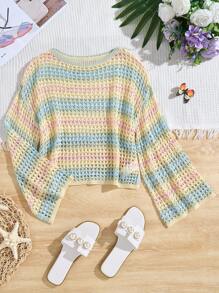 Tween Girls Fresh Green Fashionable Casual Hollow Out Knitted Long Sleeve Cover Up - Green - View 3
