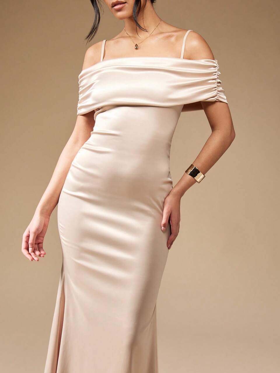 MISSGUIDED Satin Strappy Off Shoulder Fishtail Hem Bardot Maxi Dress