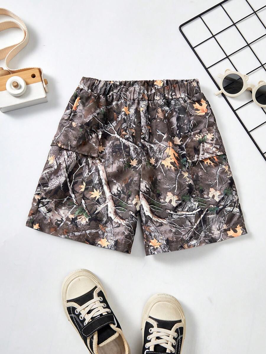 Young Boy Branch Print Elastic Waist Casual Shorts - Multicolor - View 1