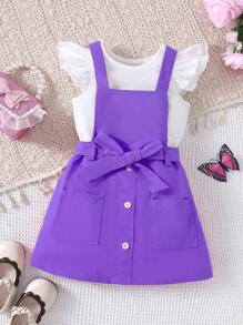 SHEIN 2 件套年轻女孩荷叶边袖上衣和纹理吊带连衣裙套装，春夏