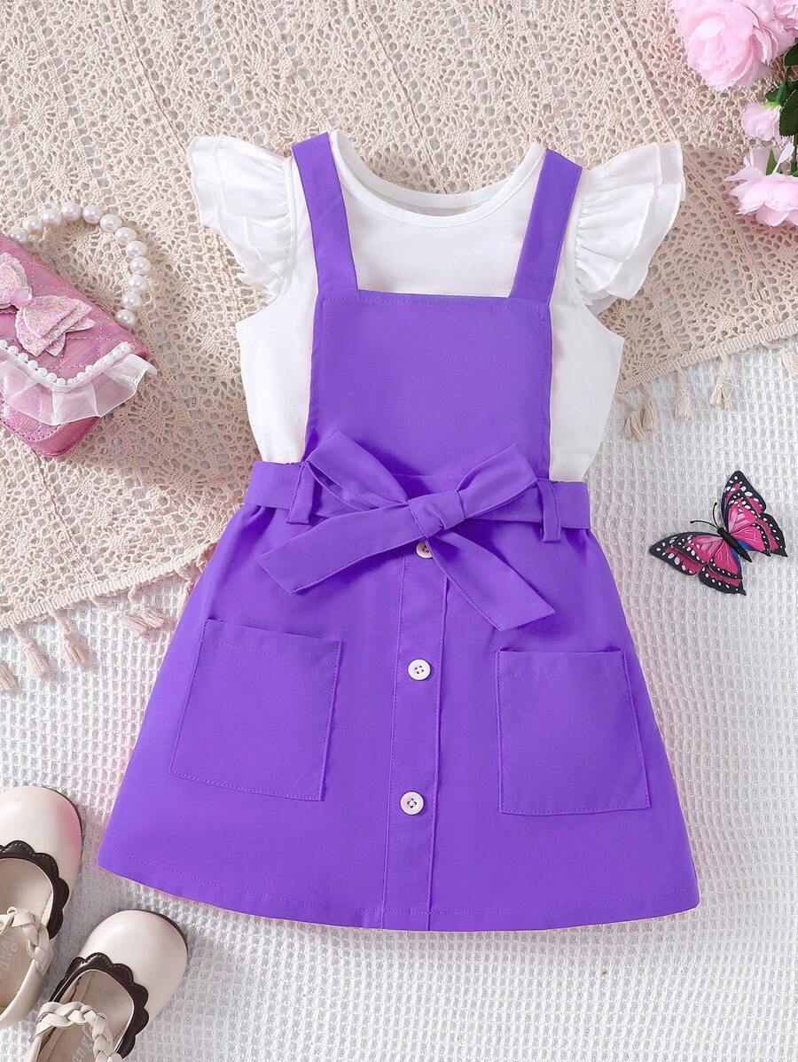 SHEIN 2 件套年轻女孩荷叶边袖上衣和纹理吊带连衣裙套装，春夏