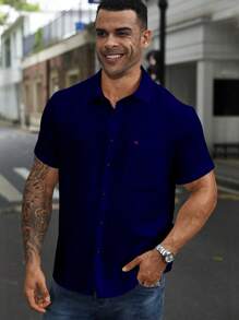 Manfinity Homme Plus Size Men's Casual Versatile Solid Color Shirt, Dark Blue Shirt Men