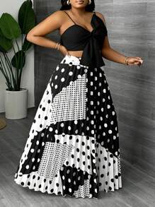 Slaydiva Plus Size Women Elegant & Party Wear Vintage Style Solid Black Twist Knot Cami Top With Dotted Pleated Skirt Set - C - Black and White - View 5