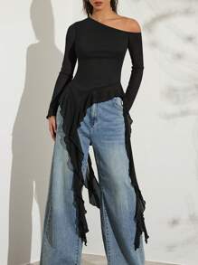 Glamine Romantic Spring Asymmetrical Jellyfish Ribbon Ruffled Hem Asymmetrical Sloping Shoulder Short Sleeve Halloween Solid Color Tight Elastic Mesh Women's Halloween T-Shir Fall Cloth For Women, Christmas - Black - View 4