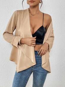 SHEIN Clasi Women's Khaki Asymmetrical Open Front Draping Long Sleeve Coat - Khaki - View 4