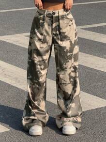 SHEIN EZwear 女士前扣口袋直腿休闲裤，日常穿着 - 軍綠色 - 查看 3