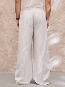 SWAVVY Standard Sized Men's Casual Loose Fit Wide Leg Pants, Light Grey & White Striped, Elastic Waist, Spring/Summer, School