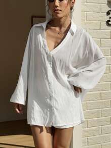 SHEIN Unity Kvinnors vår/sommar Casual Vacation Mångsidig skir Lantern ärm V-ringad lång skjorta - Vitt - Visa 6