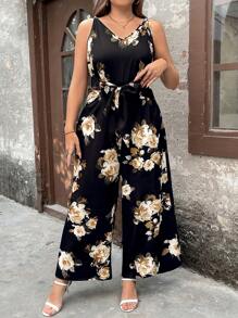 SHEIN LUNE 大码女式花卉印花 V 领无袖阔腿连体裤，度假风格
