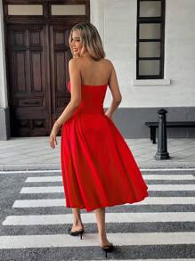 Pariaura Damen einfaches geraffte rotes Bandeau-Kleid, legale Alltagskleidung für den Sommer - Rot - Übersicht 2
