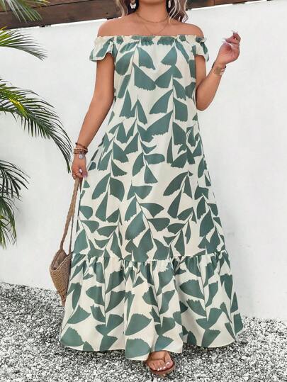 Breezaya Vestido informal de vacaciones de talla grande con escote descubierto, bajo con parches y estampado de hojas y flores