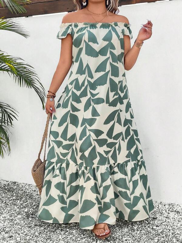 SHEIN LUNE Vestido informal de vacaciones de talla grande con escote descubierto, bajo con parches y estampado de hojas y flores