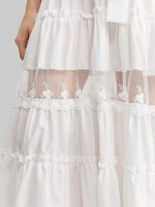 Ontre Elegant Solid Color Ruffle Hem Mesh Insert Dress Vacation Outfits Woman BOHO Embroidered - White - View 4