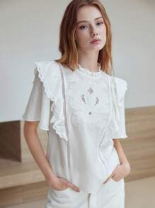 MOTF STUDIO FLORAL EMBROIDERY RUFFLE TRIM BLOUSE - Beige - View 6