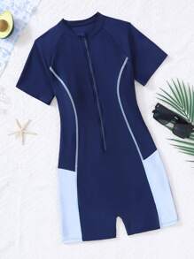 SHEIN Traje de baño de una pieza con bloque de color y cuello halter tejido para niña adolescente
