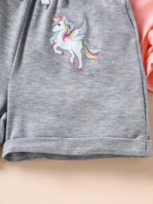 SHEIN 3pcs/Set Girls Cute Cartoon Rainbow Unicorn Printed Shorts, Suitable For Sports, Home & Daily Wear, Summer