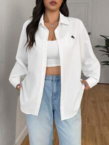 SHEIN EZwear 大码女式马术印花长袖单排扣白衬衫，春夏， - 白色 - 查看 12