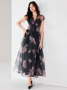 Heiryn Women's Floral Print Mesh Puff Sleeve Waist Fitted Elegant Dress
