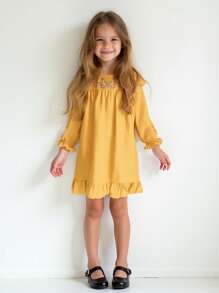 SHEIN 年轻女孩纯色刺绣荷叶边领修身连衣裙