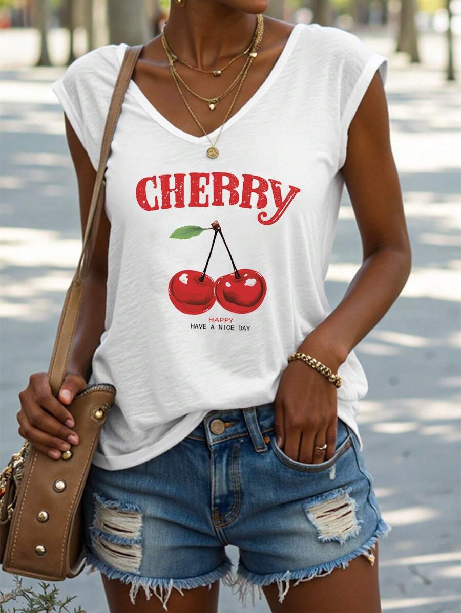 EMERY ROSE Plus Size Women's Casual Cherry Pattern V-Neck Camisole,Slightly Sheer Suitable For Summer - White - View 1