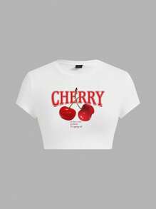 SHEIN EZwear 3pcs/Set Cherry Graphic Bow Decor Crew Neck Short Sleeve Tight Crop Top T-Shirt, Suitable For Summer
