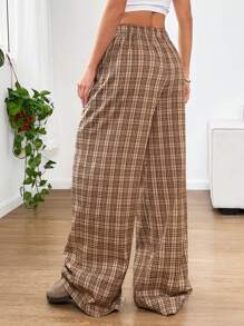 SHEIN EZwear 女式前系带口袋格子休闲阔腿裤，简约设计 - 彩色 - 查看 4